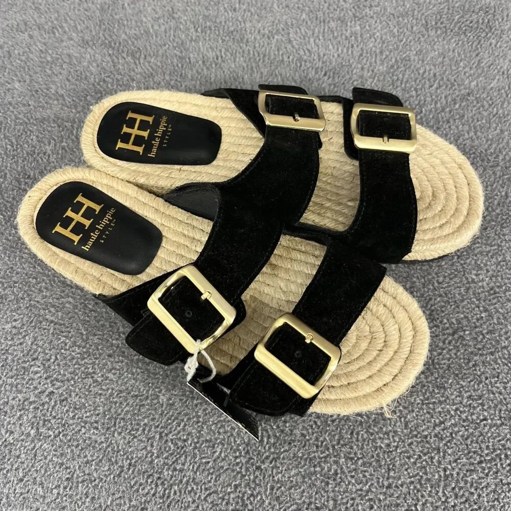 Haute Hippie Sandals Womens 7.5 black genuine suede‎ espadrille slip on buckle